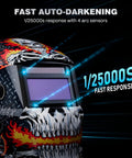 Auto Darkening Welding Helmet With True Color View, Four Arc Sensors, Lightning Fast One Twenty Five Thousandth Of A Second Response, Solar Powered Design, Adjustable Shade Range Four To Thirteen, Built For TIG MIG And ARC Welding HSH S800 - side view with flame design.