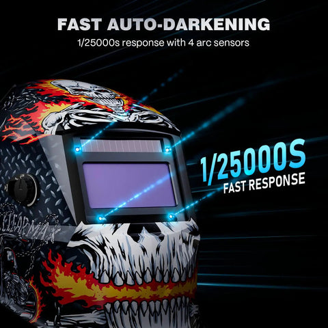 Auto Darkening Welding Helmet With True Color View, Four Arc Sensors, Lightning Fast One Twenty Five Thousandth Of A Second Response, Solar Powered Design, Adjustable Shade Range Four To Thirteen, Built For TIG MIG And ARC Welding HSH S800 - side view with flame design.