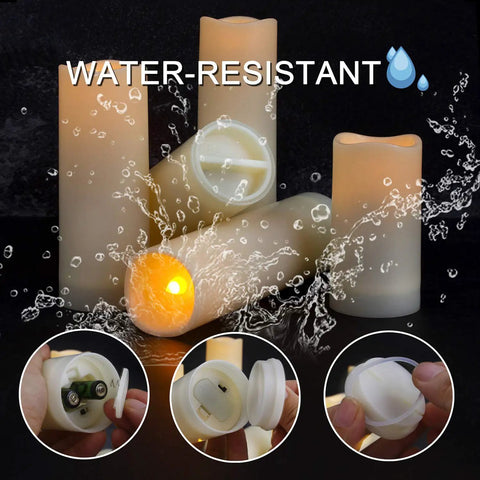 12 Pack Waterproof Flameless LED Pillar Candles 2.2 Inch Slim Plastic Battery Powered Candles with water splashes and battery details