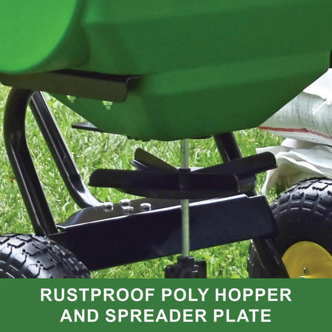 Close-up of 85 Lb Push Rod Control Broadcast Spreader with rustproof poly hopper and spreader plate, grass background.