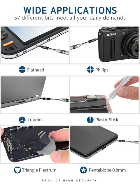 Ultimate Magnetic Precision Screwdriver Set With 57 Bits and 63 In 1 Kit showing usage on various devices