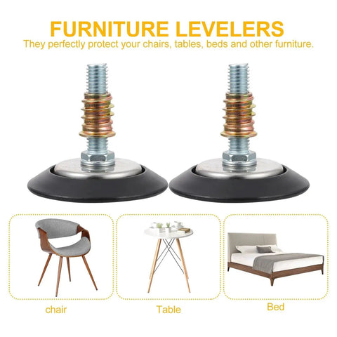10 Pcs Adjustable Leveling Pads For Cabinets And Furniture, Heavy Duty Feet With T Nut Sliders, shown with chair, table, bed