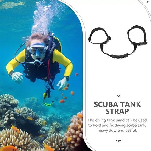 Durable Diving Tank Strap For Scuba Gear Wear Resistant Tank Holder Band with Carry Handle shown next to scuba diver in ocean.