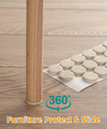 3/8 Inch Round Beige Felt Pads For Cabinets And Furniture Self Adhesive Floor Protectors shown under chair leg on wood floor with arrow and text 'Furniture Protect & Slide'