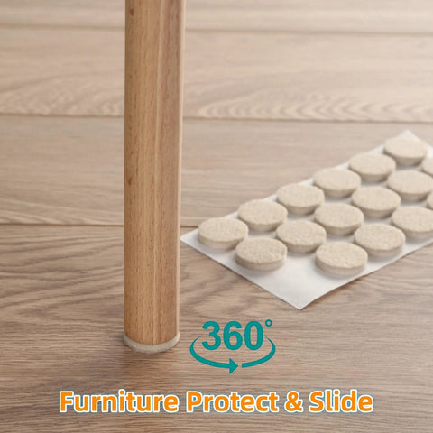 3/8 Inch Round Beige Felt Pads For Cabinets And Furniture Self Adhesive Floor Protectors shown under chair leg on wood floor with arrow and text 'Furniture Protect & Slide'