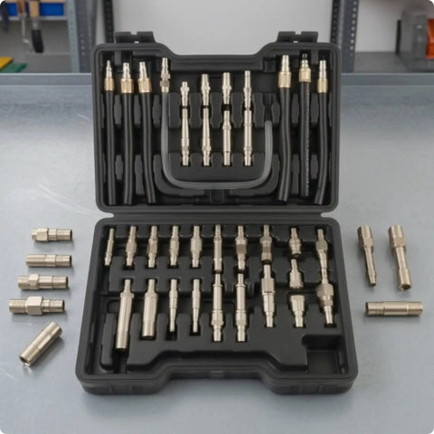 Baoblaze 39 Piece Automatic Transmission Fluid Machine Adapter Kit With Flexible Black Hoses And Metal Hardware for gearbox service, includes fittings.