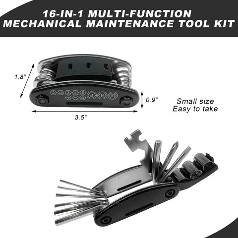 All In One Bike And Motorcycle Repair Tool Kit 16 In 1 Multi Tool With Hex Wrenches And Screwdrivers, compact size shown
