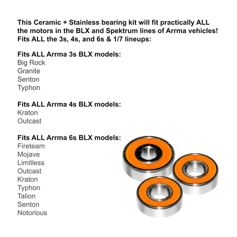Arrma Race Ready Bearing Kit For Brushless RC Motors 3S 4S 6S Stainless And Ceramic Bearings set with compatibility details