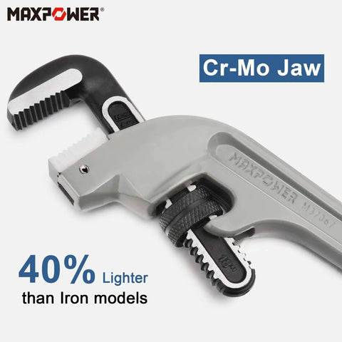 Close-up of Heavy Duty 18 Inch Offset Pipe Wrench With 45 Degree Angled End For Tight Plumber Jobs Aluminum Lightweight Construction