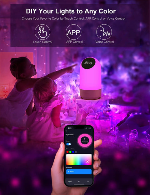 Smart LED Night Light With Alexa And Google Voice Control Dimmable Bedside Table Lamp Lit Color Changing Mood Light 34 Scene Modes Built In Clock Easy Voice Control in purple setting with smartphone app interface