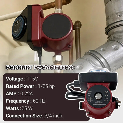 Heavy Duty Hot Water Circulator Pump Fractional Drive Smooth Operator For Home Heating Systems With Three Quarter Inch Fitting No Sweat Installation mounted on pipes, showing connection details.