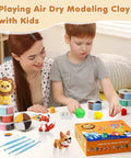 Air Dry Clay Kit For Kids With 12 Animal Crafts Colorful Modeling Clay And Sculpting Tools Step By Step Tutorials Safe Nonstick Diy Art Set Kid Friendly Fun Easy To Use Perfect Gift For Ages Three To Twelve Boys And Girls shown with mother and son creating animal shapes.