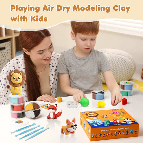 Air Dry Clay Kit For Kids With 12 Animal Crafts Colorful Modeling Clay And Sculpting Tools Step By Step Tutorials Safe Nonstick Diy Art Set Kid Friendly Fun Easy To Use Perfect Gift For Ages Three To Twelve Boys And Girls shown with mother and son creating animal shapes.