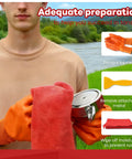 Person holding Beefy Neodymium Fishing Magnets 2600 Lb Pull Double Sided Magnets Fishing Kit accessories with gloves and towel.