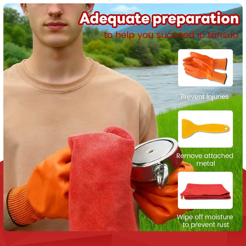 Person holding Beefy Neodymium Fishing Magnets 2600 Lb Pull Double Sided Magnets Fishing Kit accessories with gloves and towel.
