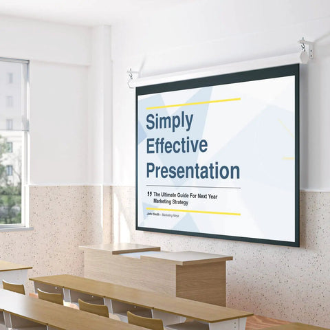 Rock Solid Universal Projector Screen Ceiling Mount With Heavy Duty Steel Brackets And Adjustable L Shape Hook in use in a classroom.