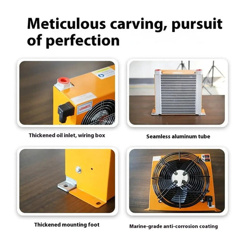 Close-up of a high flow hydraulic air cooler for oil cooling with thickened oil inlet and marine-grade anti-corrosion coating