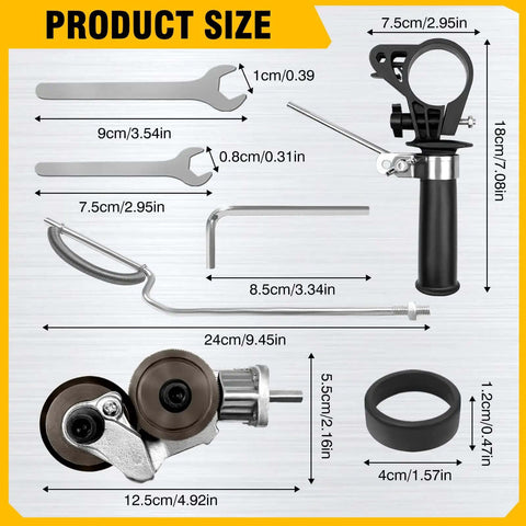 Diagram of electric drill plate cutter attachment with measurements for each component, including the handle and cutting heads, for metal sheets.