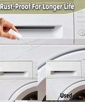 All In One Appliance Touch Up Paint Pen For Quick Fix And Rust Prevention, Bluish White Finish For Refrigerators, Washers, Dishwashers, Microwaves And Other Home Appliances. Hand applying touch-up pen to washing machine surface with before and after views.