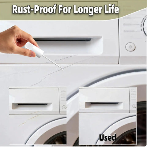 All In One Appliance Touch Up Paint Pen For Quick Fix And Rust Prevention, Bluish White Finish For Refrigerators, Washers, Dishwashers, Microwaves And Other Home Appliances. Hand applying touch-up pen to washing machine surface with before and after views.