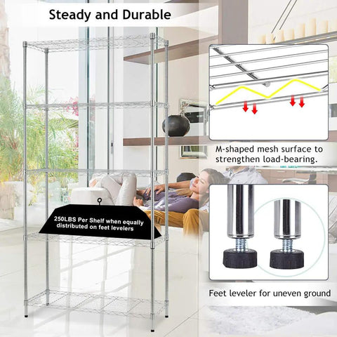 Heavy Duty 5 Tier Adjustable Metal Storage Shelves, Rugged Wire Rack Holding 250 Lbs Per Shelf, No Sweat Tool Free Assembly, 36 X 14 X 72 Inch Chrome Shelving Unit For Garage Closet Pantry Organization