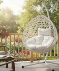 Hanging Egg Chair With Stand For Patio And Balcony, Indoor Outdoor Swing Chair With Comfy Cushioned Seat And Headrest in White