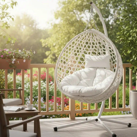 Hanging Egg Chair With Stand For Patio And Balcony, Indoor Outdoor Swing Chair With Comfy Cushioned Seat And Headrest in White