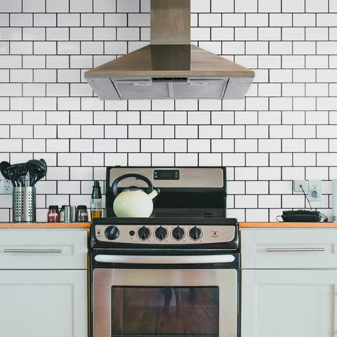 Kitchen with Thick Peel And Stick Backsplash Tiles In White Subway Style For Kitchen 10 Sheets Of 12 By 12 Inches visible behind stove