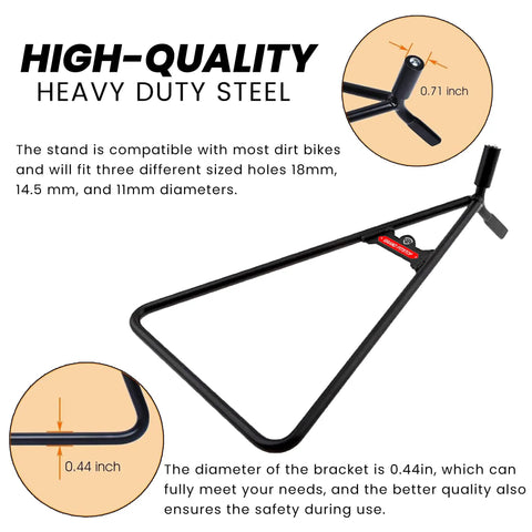 Beefy Heavy Duty Triangle Motorcycle Stand Universal Kickstand For 80 To 500cc Dirt Bikes Supermoto Motocross Enduro Dual Sport Durable Steel Construction Black. Image shows detailed dimensions of the stand with heavy-duty steel construction, highlighting diameter measurements.