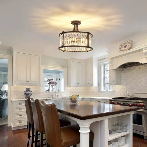 Kitchen with Six Light Black Semi Flush Mount Crystal Chandelier Modern Ceiling Light Fixture For Living Room Dining Room Kitchen Bedroom Foyer Hallway