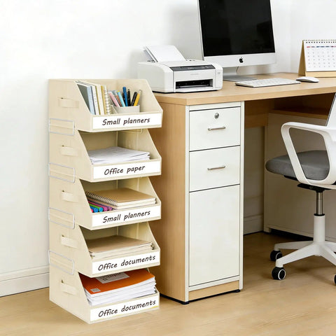 5 Tier Closet Organizer With Weekly Labels And Stackable Bins Metal Frame Shelf Foldable Cube Bins Kid Friendly Home Storage Baskets For Kids And Adults Beige next to desk
