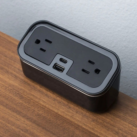 Compact Tabletop Power Strip Charging Station With 2 Tamper Resistant Outlets USB A And USB C Ports Rotated Plug Layout Ideal For Nightstands And Desks