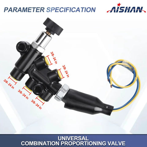 Universal Adjustable Proportioning Valve Kit With Easy Turn Knob For Master Cylinder 260-13190 260-11179 side view with threaded ports and adjustment knob.