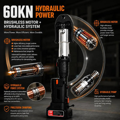 60KN Cordless Electric Pipe Crimper Tool 18V Brushless Hydraulic Press Kit showcases hydraulic power and efficient brushless motor.