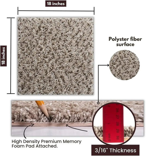 Premium Plush Carpet Tiles With Built In Padding Peel And Stick 18x18 Floor Squares Made In USA 22.5 Sq Ft Pack Of 10 Seamless DIY Flooring With Attached Padding Crystal 537 showing polyester surface and thickness details.