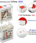 Compact 24V AC Power Relay, 12 Amp SPDT With Test Button, Indicator Light, Socket Base for DIN Rail Systems, 5 Pin Configuration