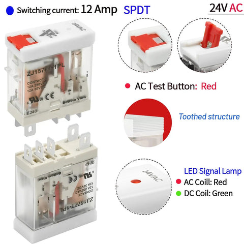 Compact 24V AC Power Relay, 12 Amp SPDT With Test Button, Indicator Light, Socket Base for DIN Rail Systems, 5 Pin Configuration