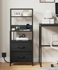 Solid Tall Nightstand With Four Open Shelves And Two Fabric Drawers Ultimate Bedside Station Big Time Bedroom Storage Setup beside a desk.