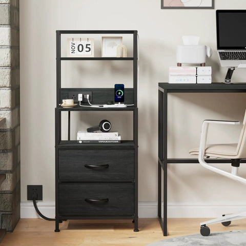 Solid Tall Nightstand With Four Open Shelves And Two Fabric Drawers Ultimate Bedside Station Big Time Bedroom Storage Setup beside a desk.