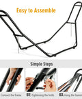 Heavy Duty Steel Hammock Stand For Indoor And Outdoor Use Yard Ready Fits 9 To 13 Foot Hammocks With 450 Pound Capacity Two Adjustable Chains And S Hooks Universal Frame For Brazilian And Spreader Bar Hammocks shown with assembly steps