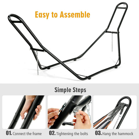 Heavy Duty Steel Hammock Stand For Indoor And Outdoor Use Yard Ready Fits 9 To 13 Foot Hammocks With 450 Pound Capacity Two Adjustable Chains And S Hooks Universal Frame For Brazilian And Spreader Bar Hammocks shown with assembly steps