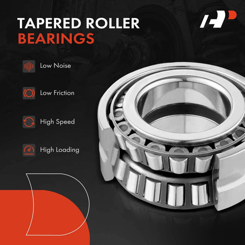 Close-up of tapered roller bearings highlighting features like low noise, low friction, high speed, and high loading capacity.