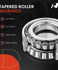 Tapered roller bearings with low noise, friction, high speed, high loading features, suitable for automotive applications.