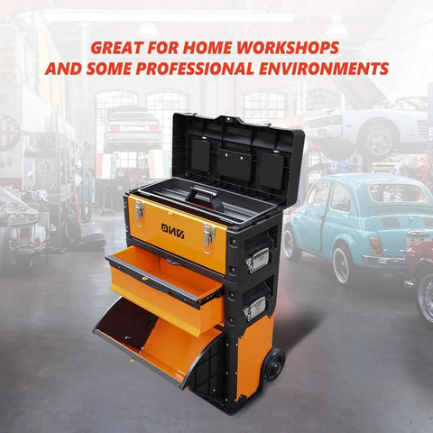 Three Tier Stackable Tool Box Set On Wheels With Extendable Handle Portable Rolling Hand Case Cart Durable Orange Storage Organizer For Garage Or Job Site 633mm By 490mm By 230mm