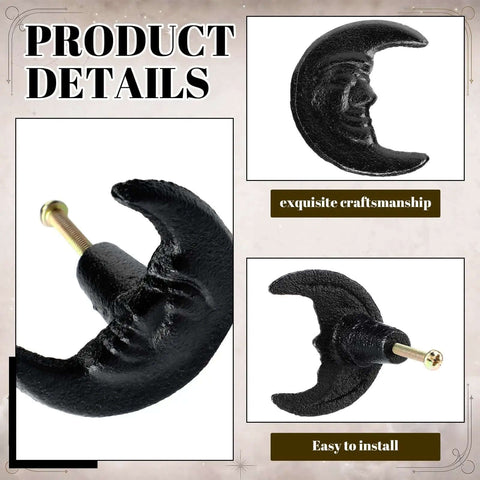 Six Piece Set Black Cast Iron Drawer Pulls And Cabinet Knobs With Crescent Moon Face Design Hand Painted In Rich Black Finish