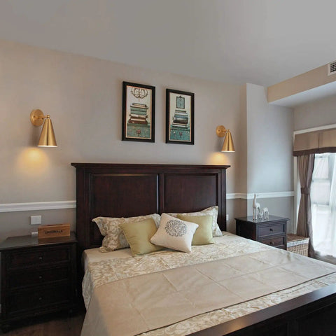 Gold Brass Wall Sconces Set Of 2 With Dope Adjustable Swing Arm Lamps and Metal Shades Modern Farmhouse Style in Bedroom