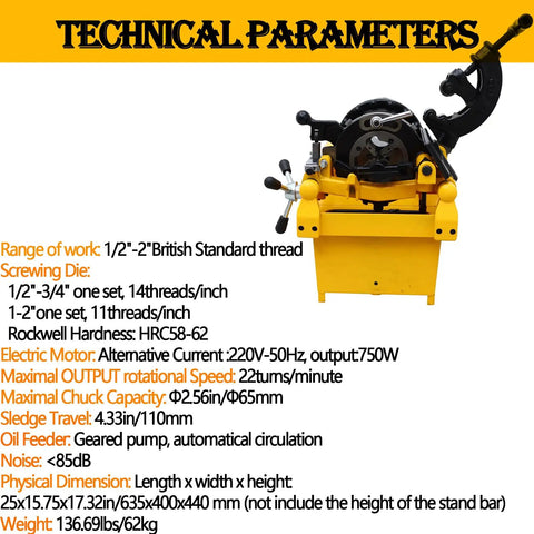 Beefed Up Electric Pipe Threader Machine With One Half To Two Inch NPT And BSPT Dies showing technical specifications and dimensions.