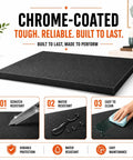 Black chrome-coated shelf demonstrating scratch and water resistance, suitable for Big Time 3 Tier Metal Bookshelf With Adjustable Storage Shelves Built Rock Solid From Thick Cold Rolled Steel Slick Floor Standing Organizer Perfect For Living Room Or Garage Heavy Duty Shelf Handles Four Hundred Pounds Per Tier.