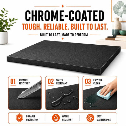Black chrome-coated shelf demonstrating scratch and water resistance, suitable for Big Time 3 Tier Metal Bookshelf With Adjustable Storage Shelves Built Rock Solid From Thick Cold Rolled Steel Slick Floor Standing Organizer Perfect For Living Room Or Garage Heavy Duty Shelf Handles Four Hundred Pounds Per Tier.