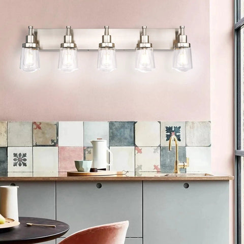 Five Light Brushed Nickel Vanity Light Fixture With Clear Glass Shade Over Mirror For Bathroom, Also Works As Wall Sconce